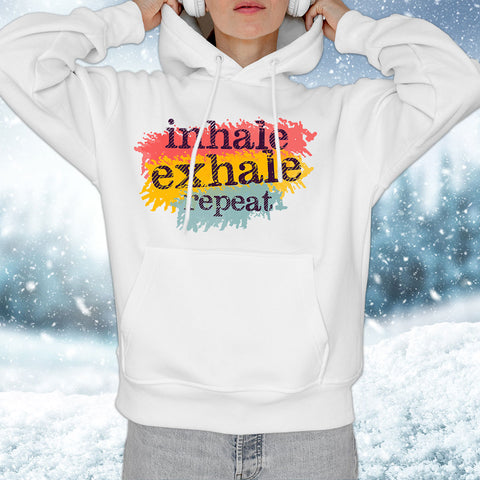 Inhale Exhale front Female<h6>White Hooded Sweatshirt</h6>