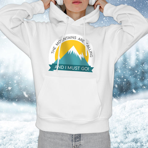 Mountains Calling front Female<h6>White Hooded Sweatshirt</h6>