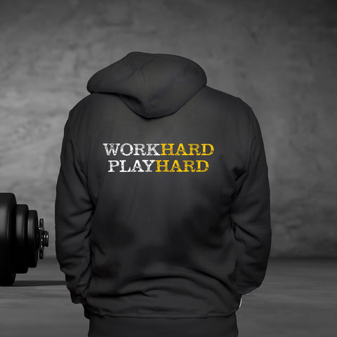 Work Hard Play Hard back<h6> Black Hooded Sweatshirt</h6>